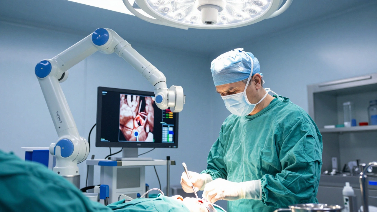 Chirurg provádí operaci pomocí robotického systému da Vinci v operační sále.