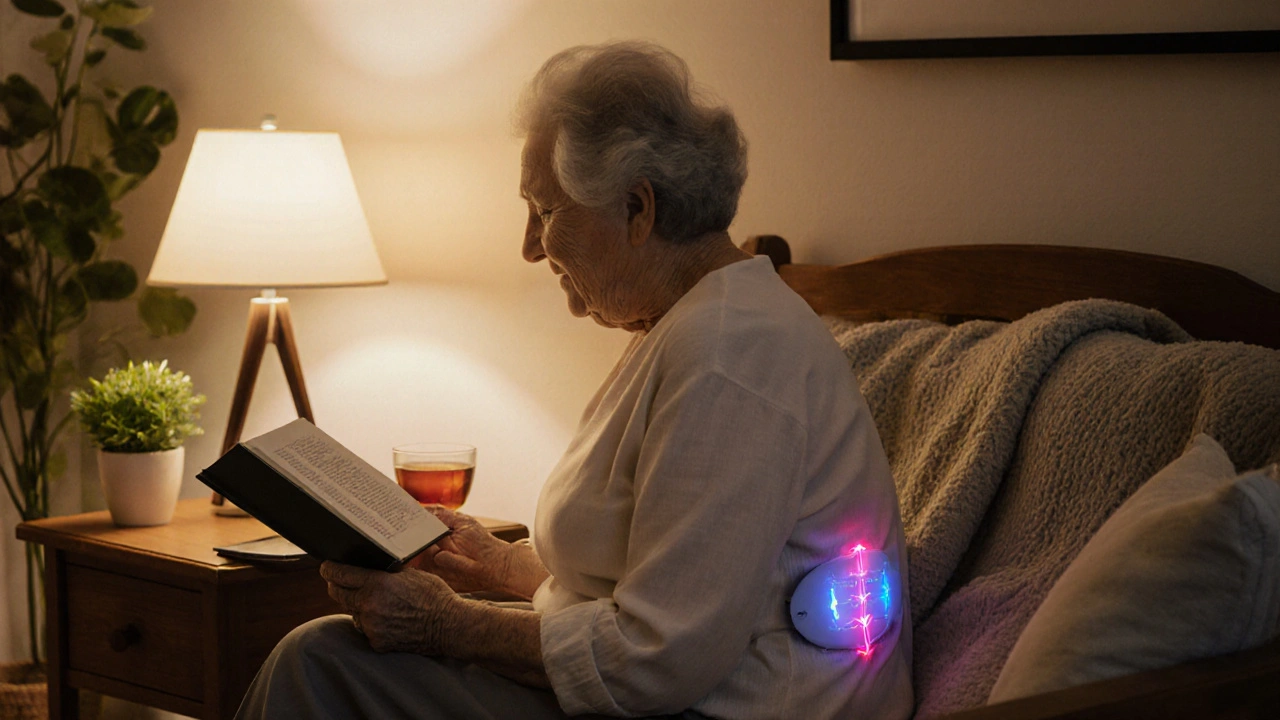 Stará žena doma používá magnetické zařízení na zádech, klidná domácí scéna.