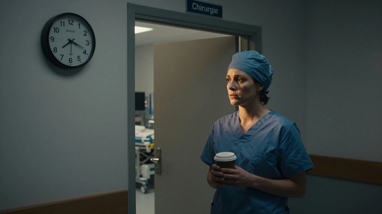 Ženská chiruržka stojí v chodbě nemocnice ráno před začátkem směny.