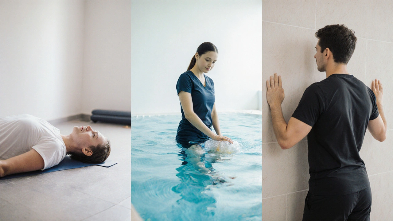 Tři fáze rehabilitace: cvičení na zádech, hydroterapie a postojové cvičení u zdi