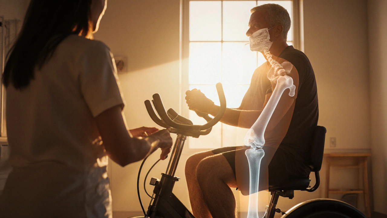 Digitální umění: rehabilitace pacienta s X‑ray náhledem integrované kosti.