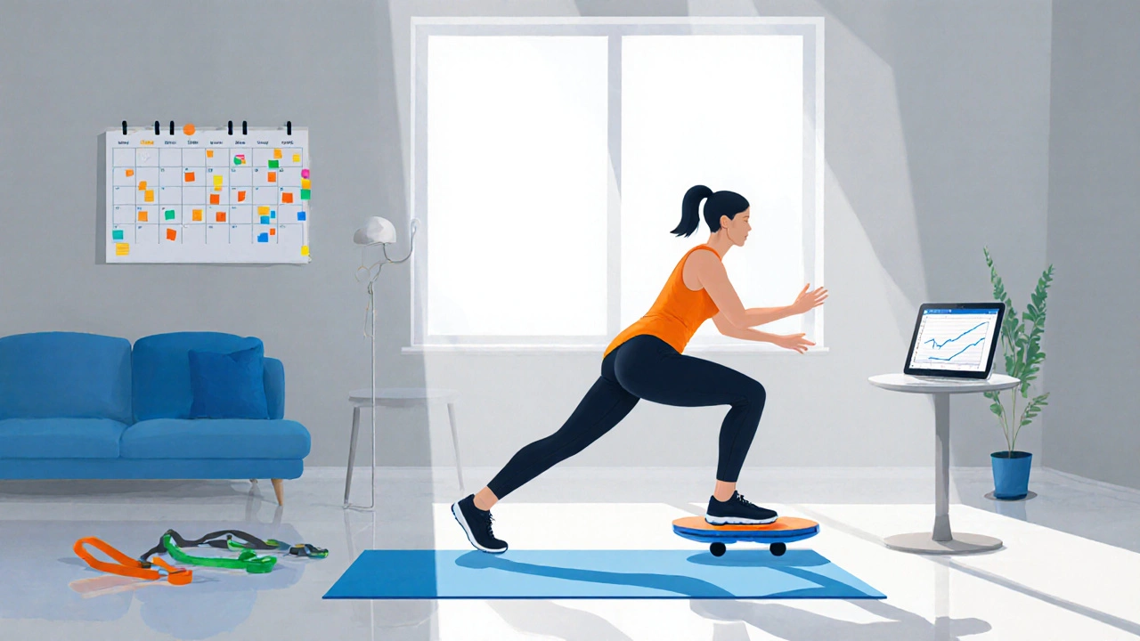 Domácí cvičení – pacient provádí cvičení s gumou a balance board, sledovaný aplikací.