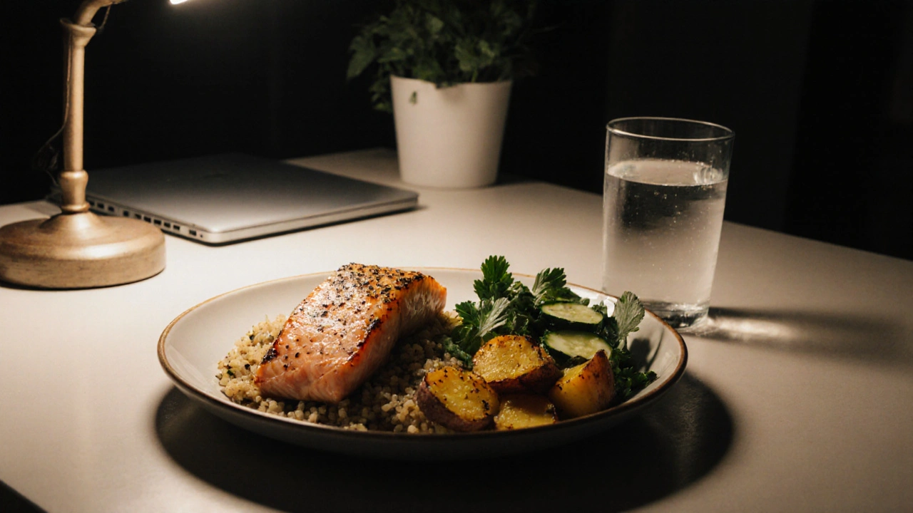 Grilovaná ryba s quinoa a zapečenou zeleninou večer, bez elektroniky na stole.