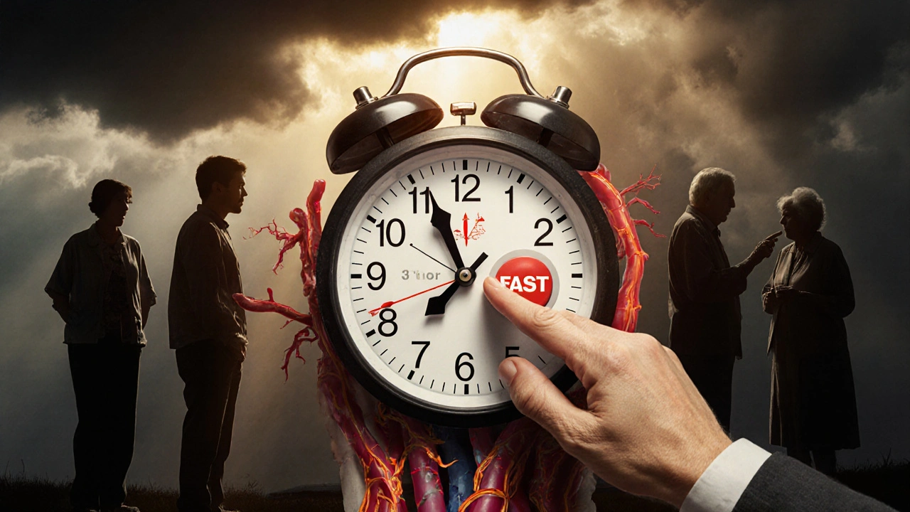 Hodiny tvořené cévami se rozbíjejí, ruka stiskne tlačítko 155, symbolický obraz mrtvice.