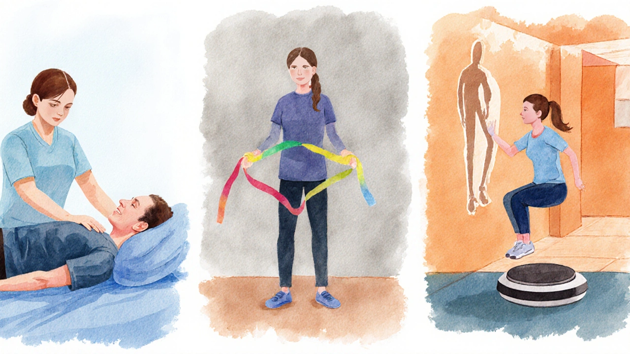 Ilustrace tří fází rehabilitace kolene: pasivní pohyb, odporová guma, balanční cvičení.