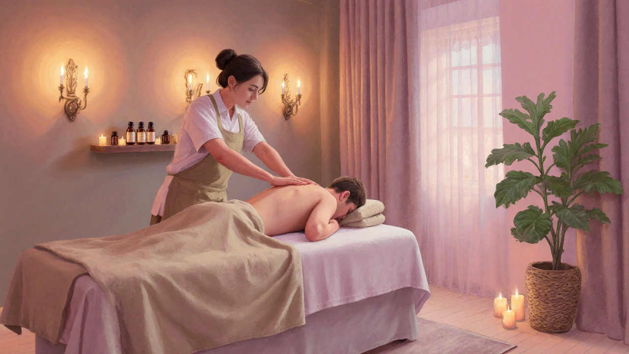 Masér provádí hlubokou masáž v teplém, relaxačním spa místě.