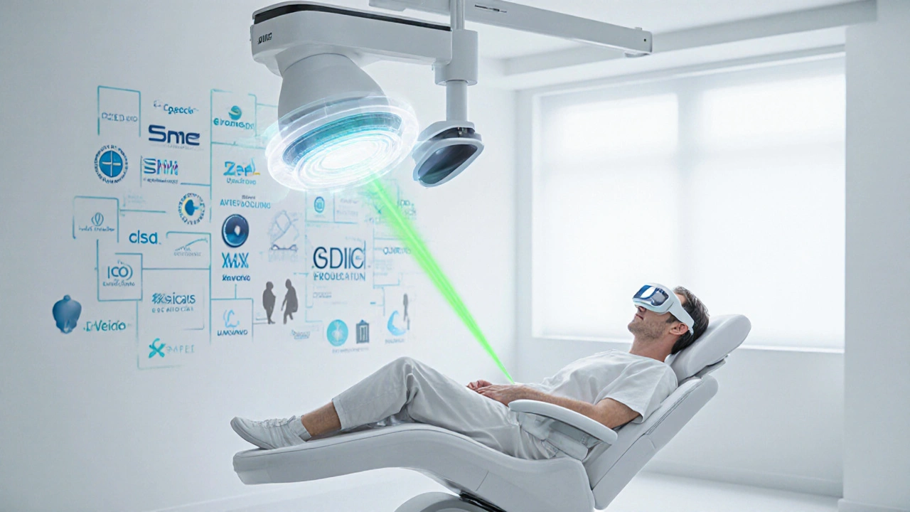 Moderní klinika s pacientem pod SMILE laserem, představující současnou refrakční chirurgii.