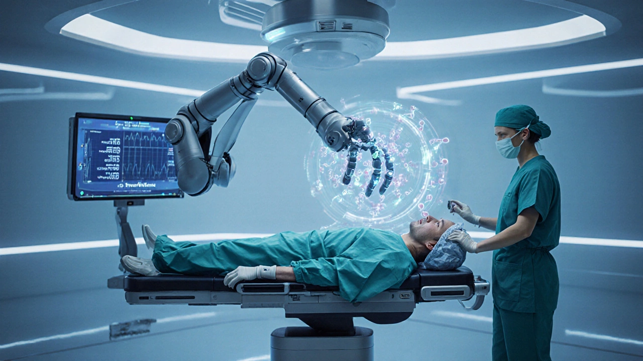 Moderní operační sál s robotickým ramenem a digitálními monitorovacími ukazateli.