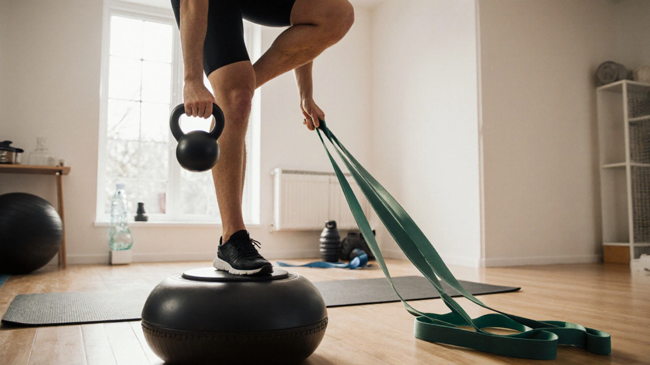 Pacient cvičí na BOSU míči, drží kettlebell a odporovou gumu v domácím prostředí.
