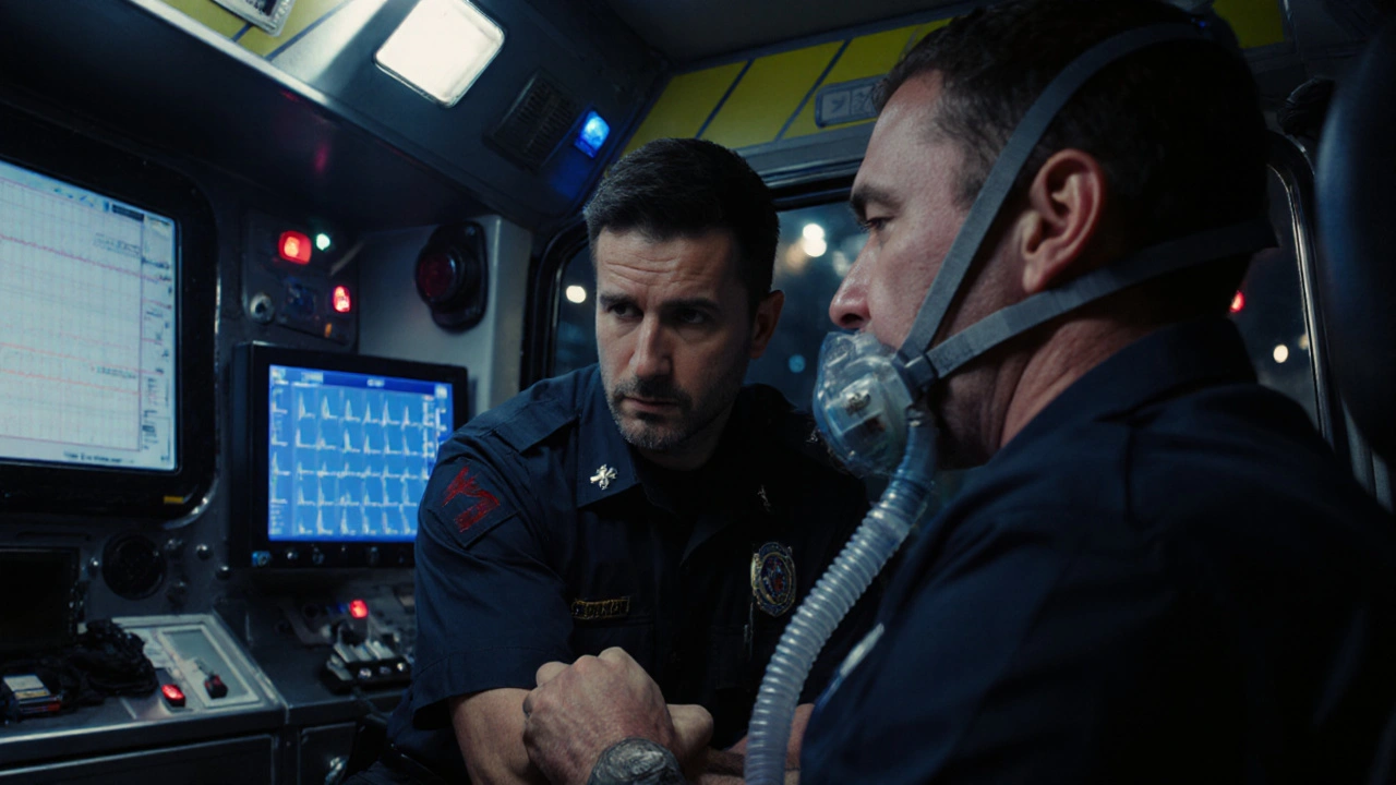 Paramedici v sanitce sledují pacienta s poruchou řeči a slabostí paže.