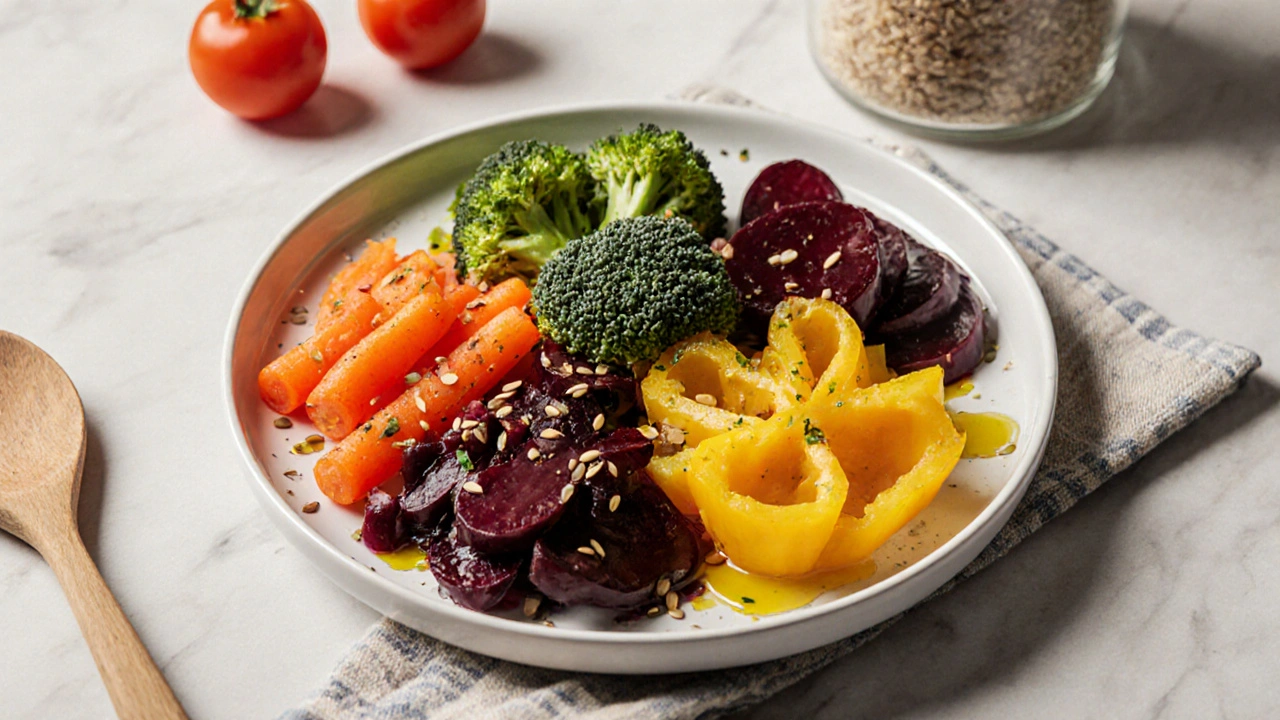 Pět barevných porcí čerstvé zeleniny a ovoce uspořádaných jako kytice.