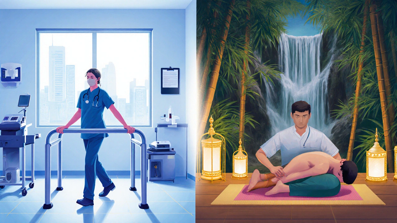Porovnání pracovního prostředí fyzioterapeuta a maséra v jedné ilustraci.