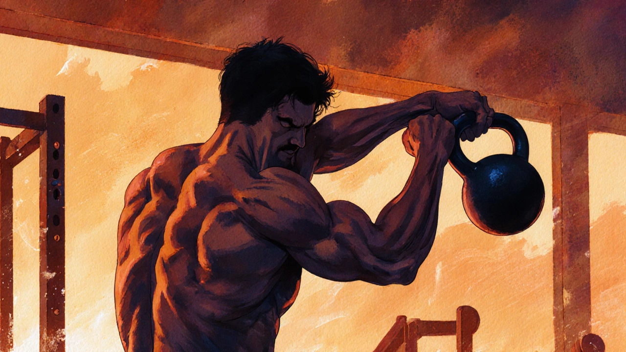 Silový trénink večer v tělocvičně, teplé osvětlení a pohyb kettlebellu.
