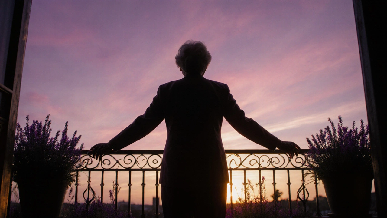 Starší pacient s úsměvem sleduje východ slunce na balkóně