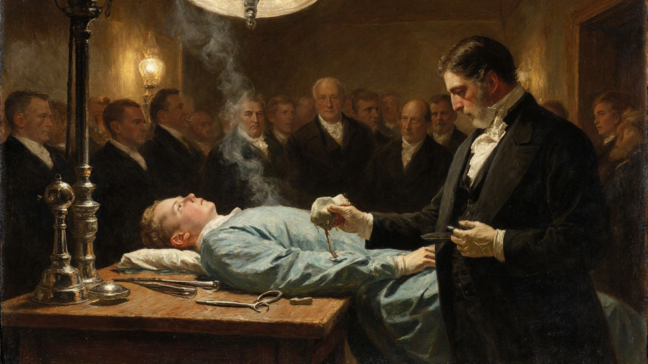 William Morton předvádí použití etheru během operace v nemocnici v roce 1846.