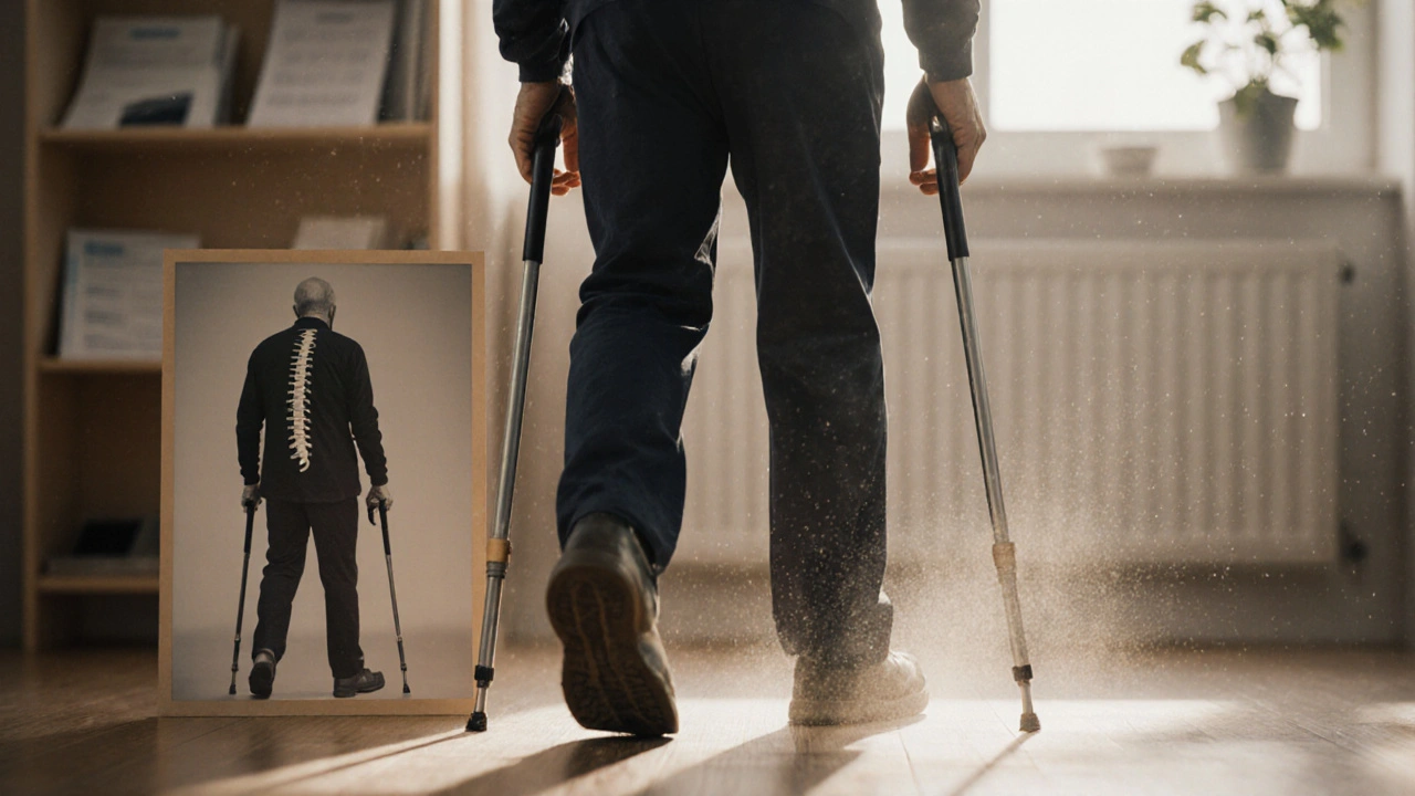 72letý muž chodí bez holek po operaci páteře, symbolizující obnovu pohybu.