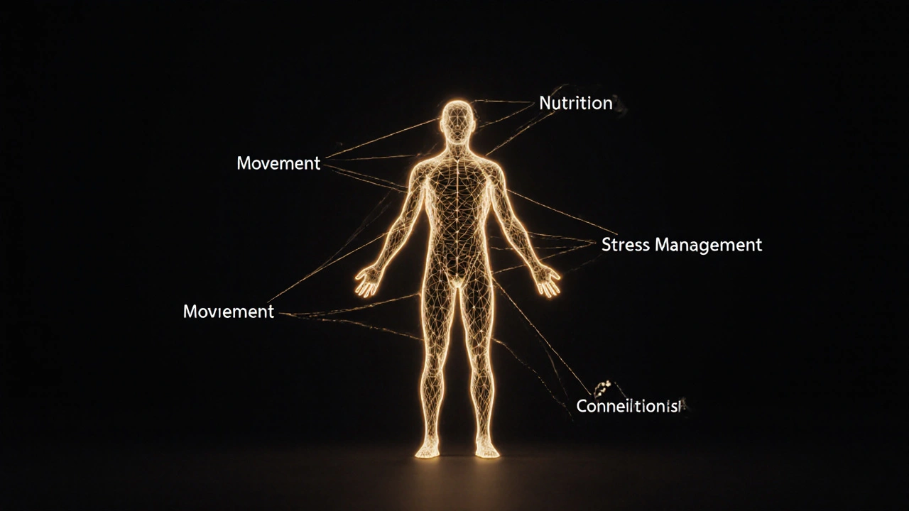 Abstraktní obraz těla spojeného zlatými vlákny představujícími zdravotní pilíře.