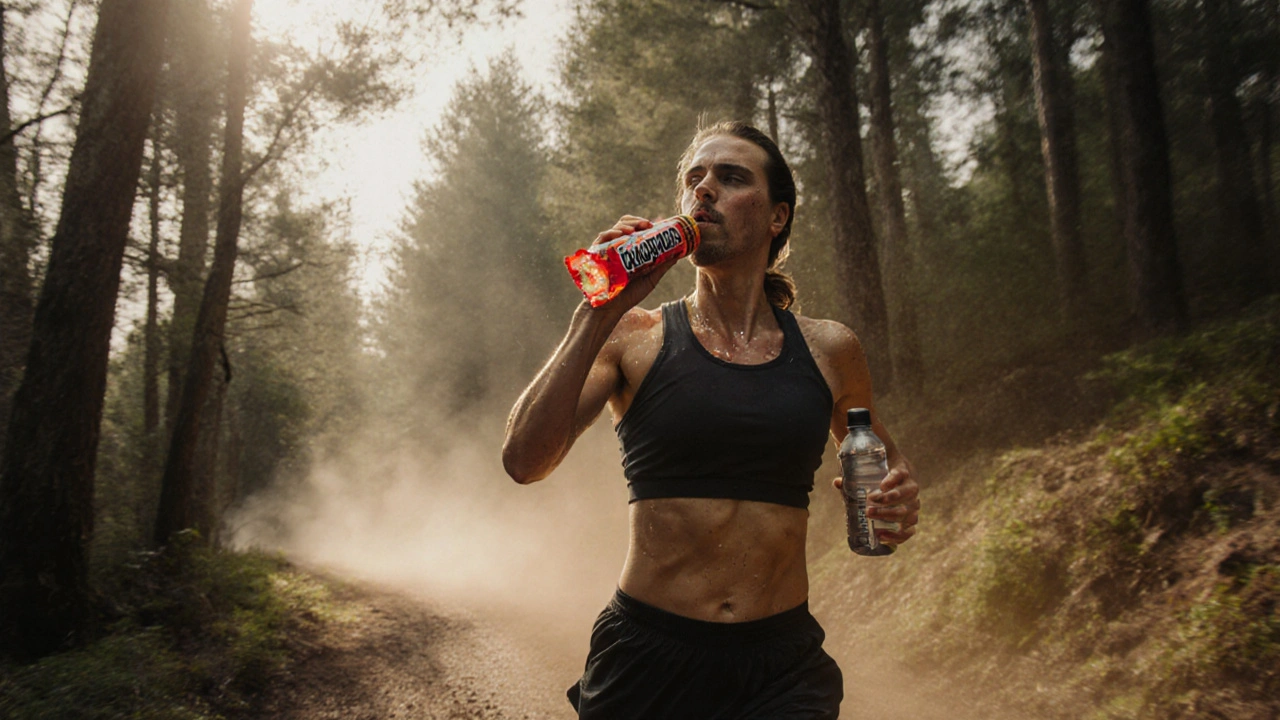 Běžec na cestě během dlouhého tréninku pije vodu a jí energetickou tyčinku.