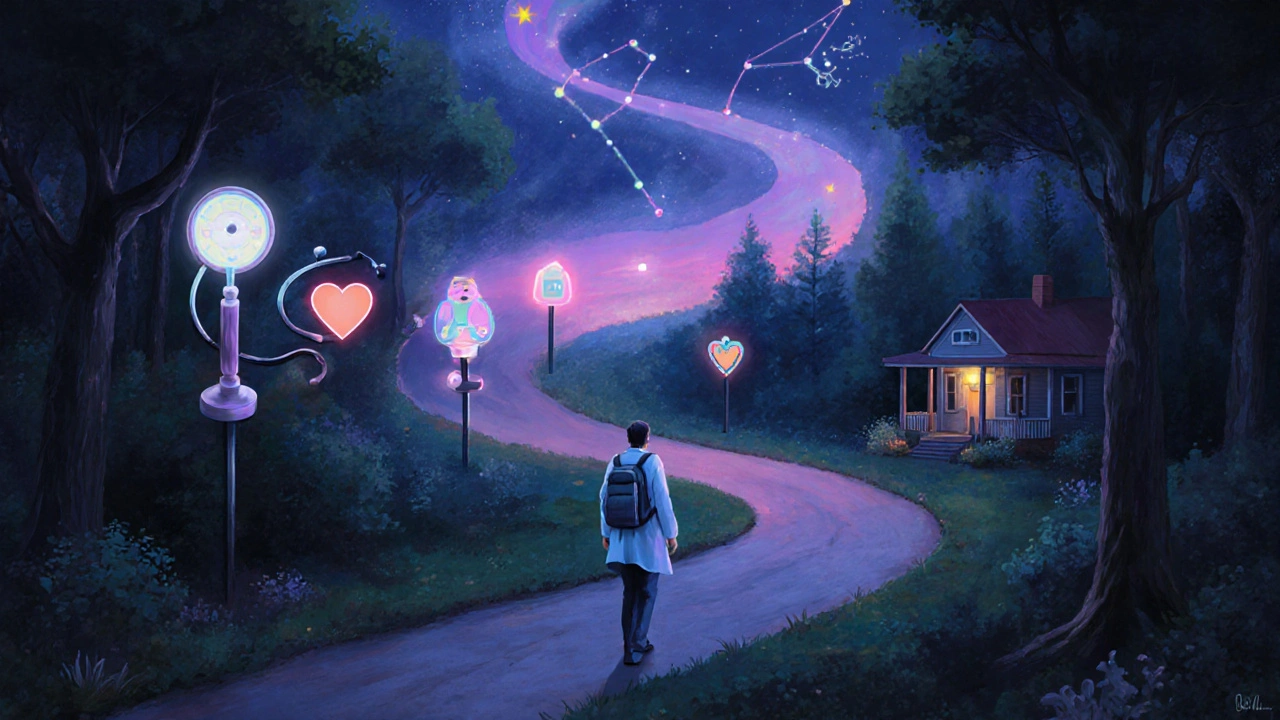 Cesta lékaře přes les s pěti symbolickými stanicemi, reprezentujícími různé lékařské obory.