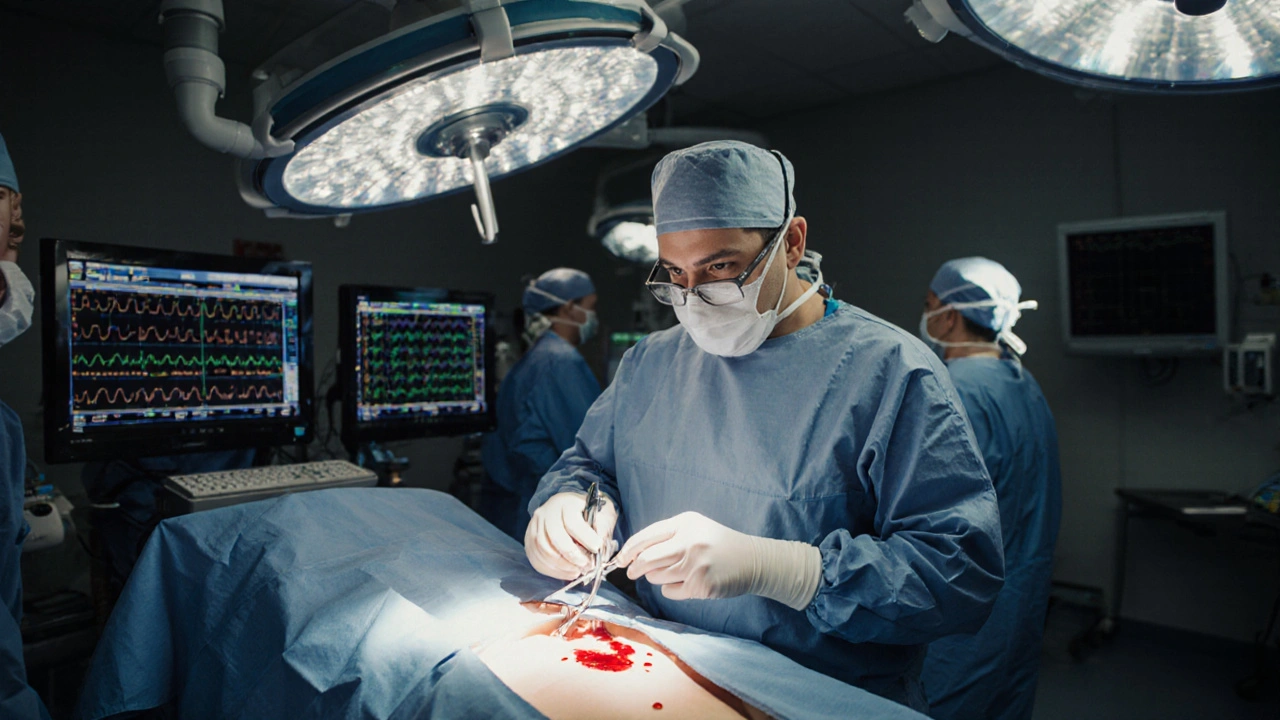 Chirurg provádí operaci v operačním sále s monitorováním životních funkcí.