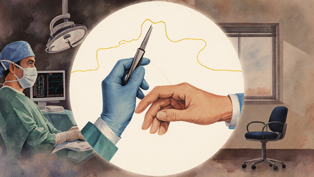 Chirurgická ruka a ruka psychiatra se dotýkají, symbolizující různé, ale stejně cenné způsoby léčby.