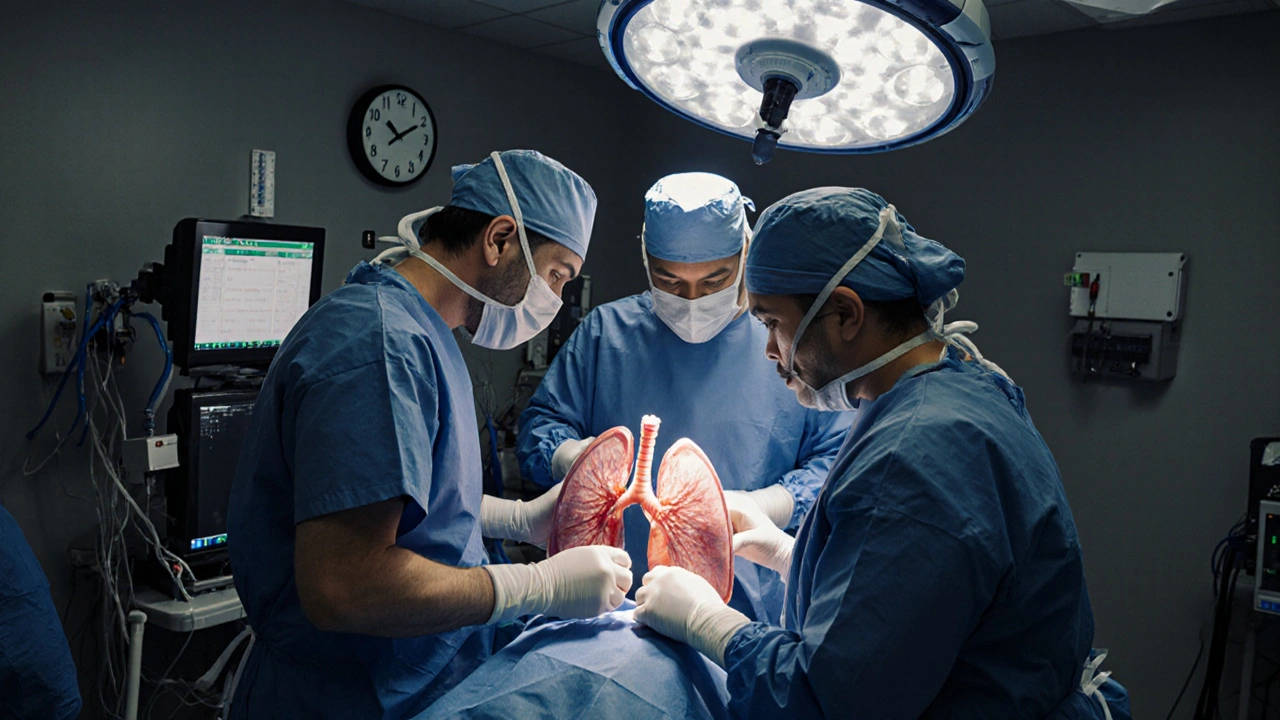 Chirurgové provádějí transplantaci plic v operaci v noci.