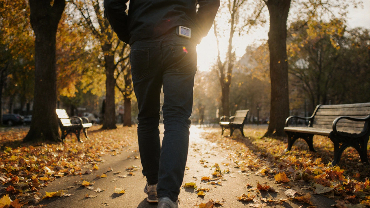Člověk klidně prochází parkem v západním slunci, bez telefonu.