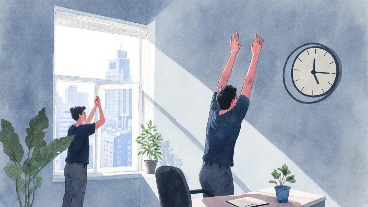 Člověk se protahuje u psacího stolu, venku je světlo a rostliny v místnosti.