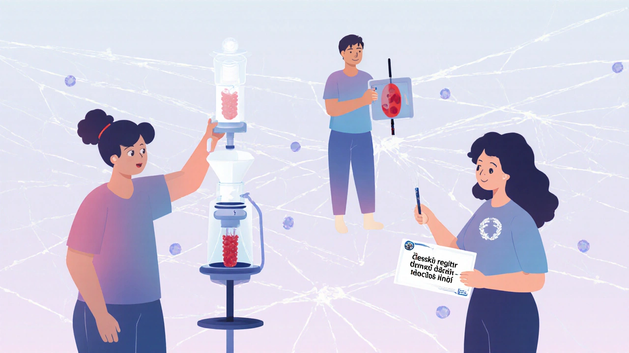 Dárci a příjemci spojení světelnými vlákny jako symbol naděje a spolupráce.