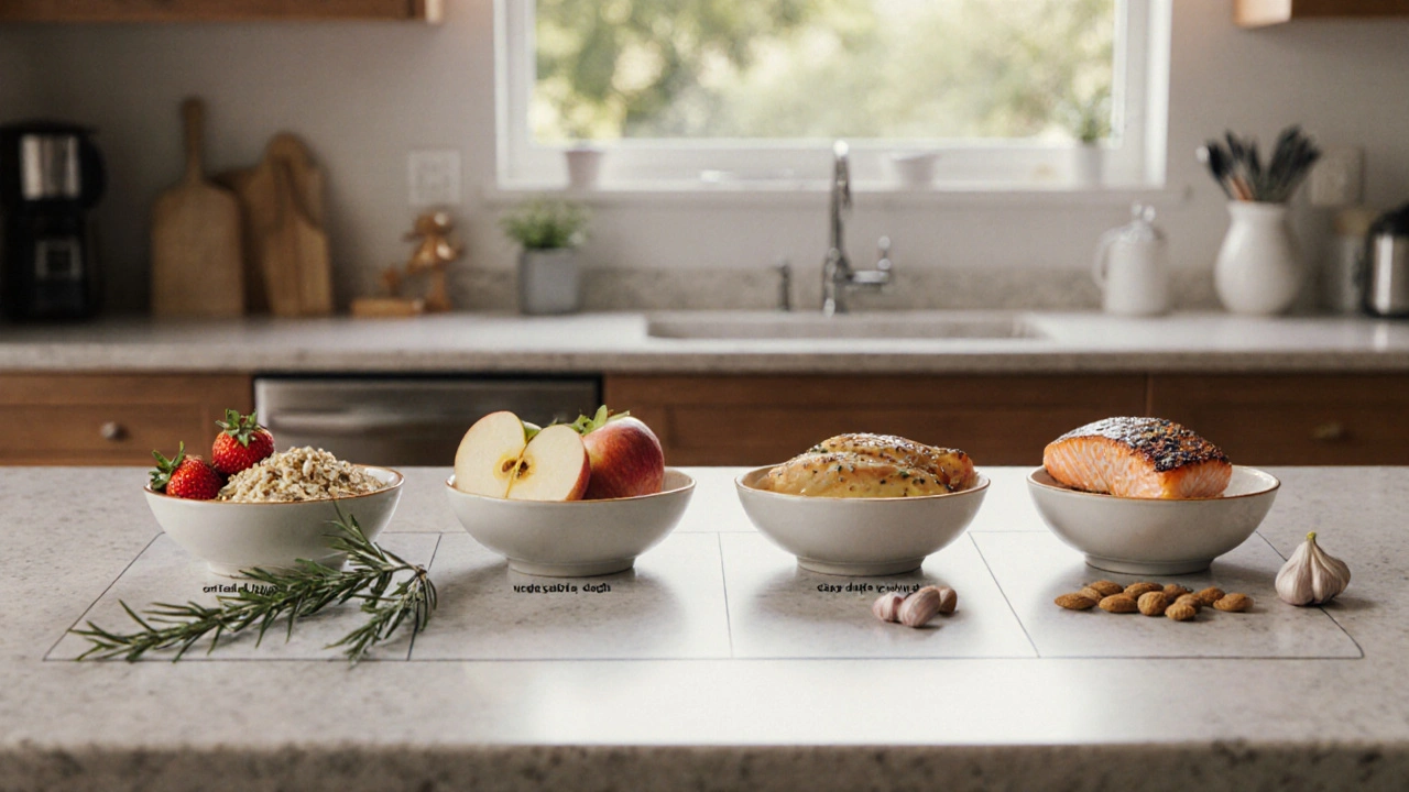 Denní jídelníček po srdcové operaci: ovesná kaše, zeleninový vývar, kuřecí prsa, jablko, losos a oříšky.