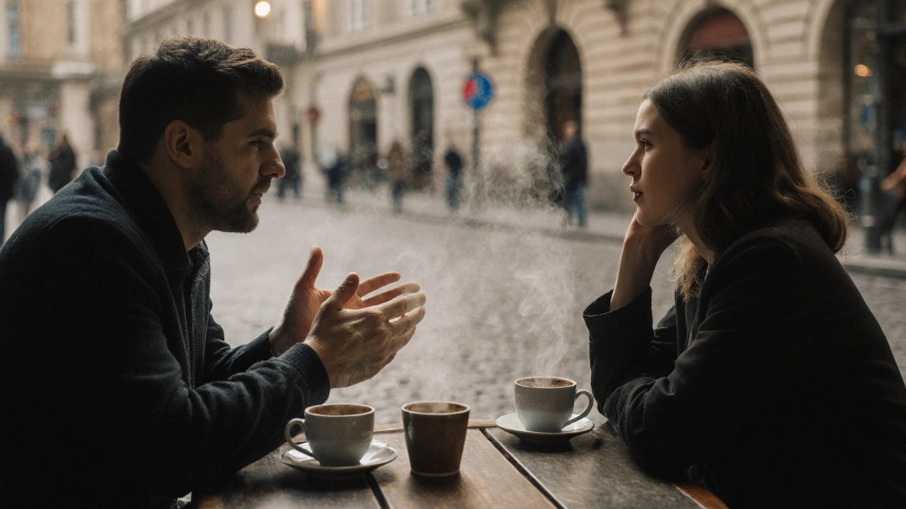 Dva lidé si sedí u kavárny, hovoří a poslouchají, žádné telefony.