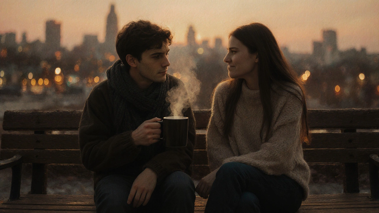 Dva přátelé sedí na lavičce v soumraku, klidně si povídají.