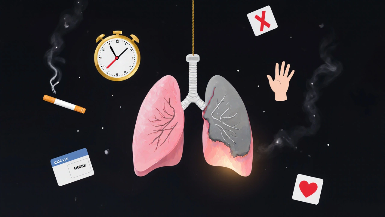 Dvě plicní orgány v ledu — zdravá a poškozená — spojená hodinami a symboly dárce, kouře a dítěte.