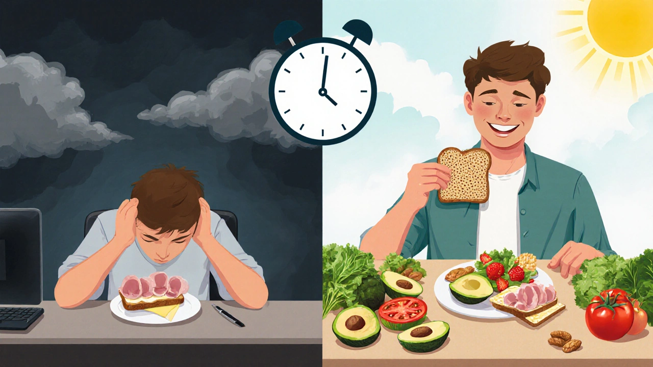 Dvě scény: člověk unavený po bílém chlebě s šunkou a člověk energický s celozrnným chlebem a avokádem.