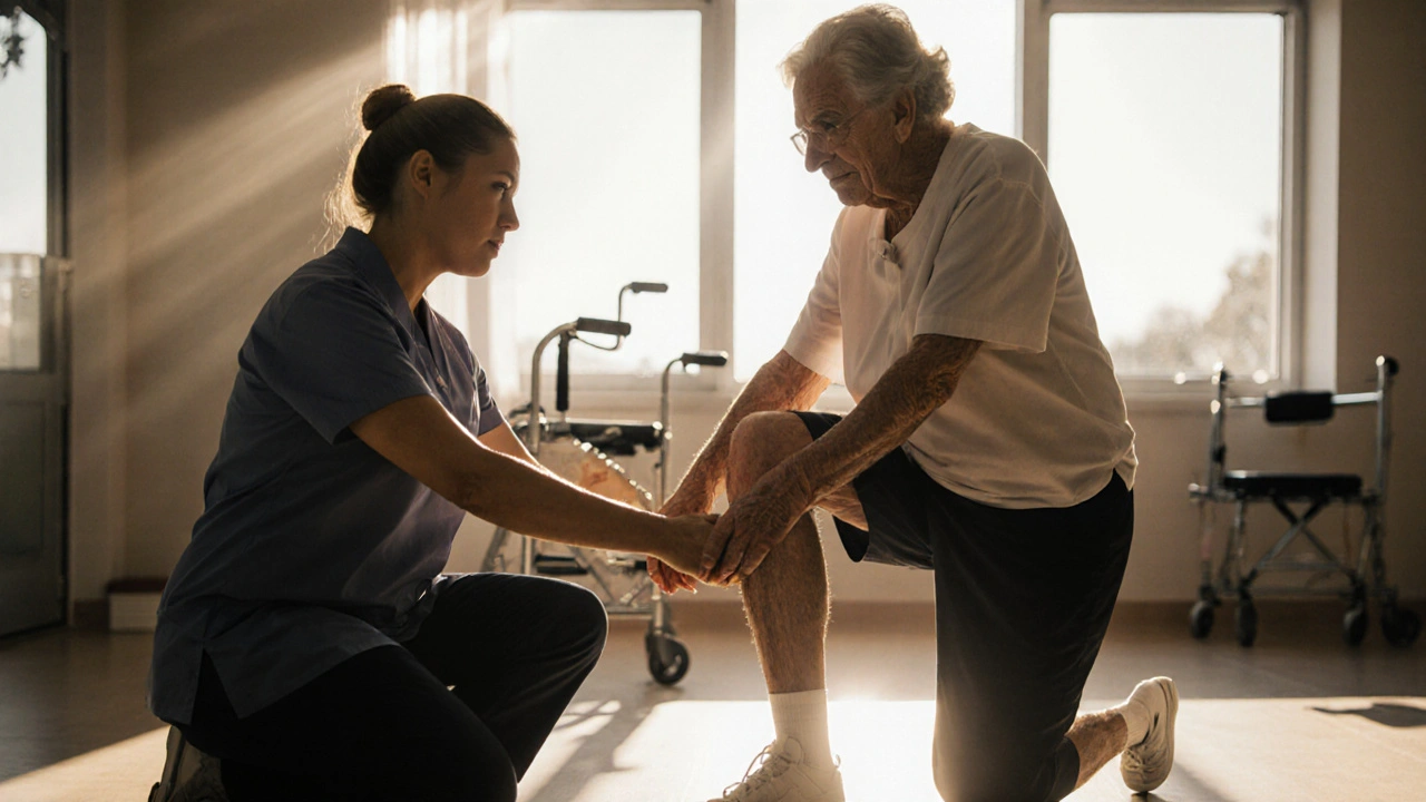 Fyzioterapeut pomáhá starému pacientovi s mobilizací nohy po zlomenině kyčle.