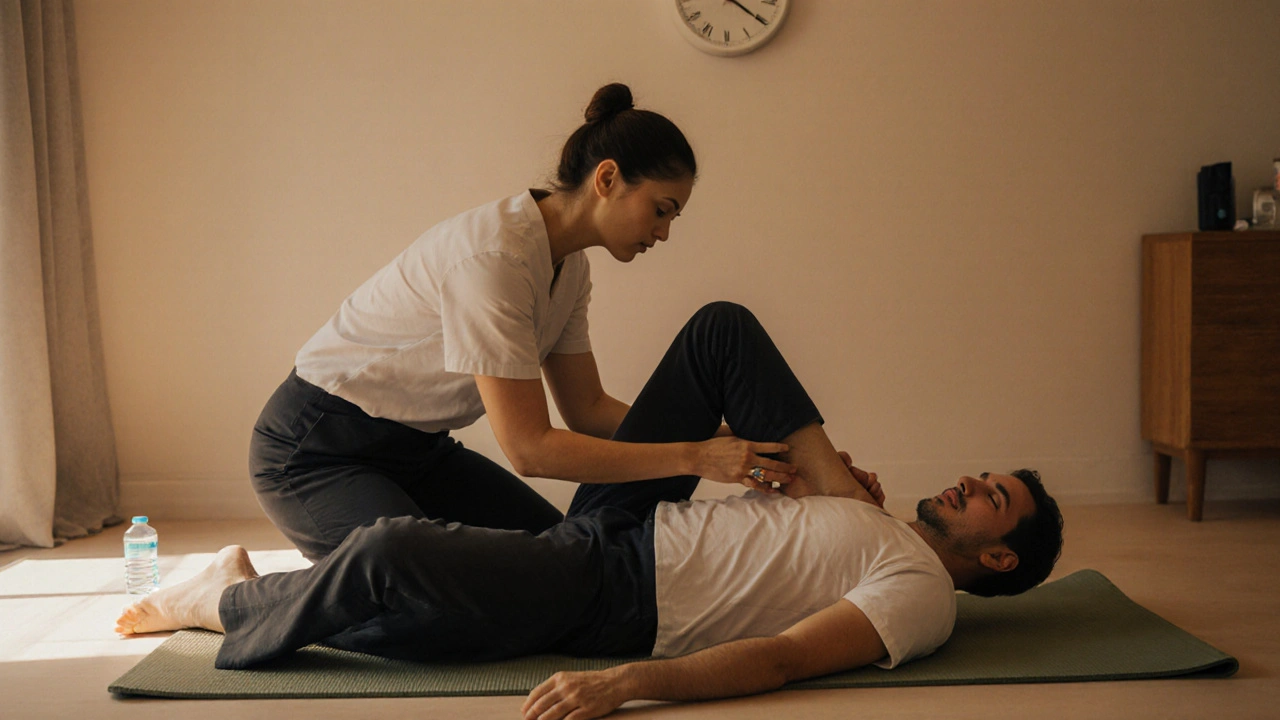 Fyzioterapeut ukazuje pacientovi, jak správně přitahovat koleno k hrudi při cvičení doma.