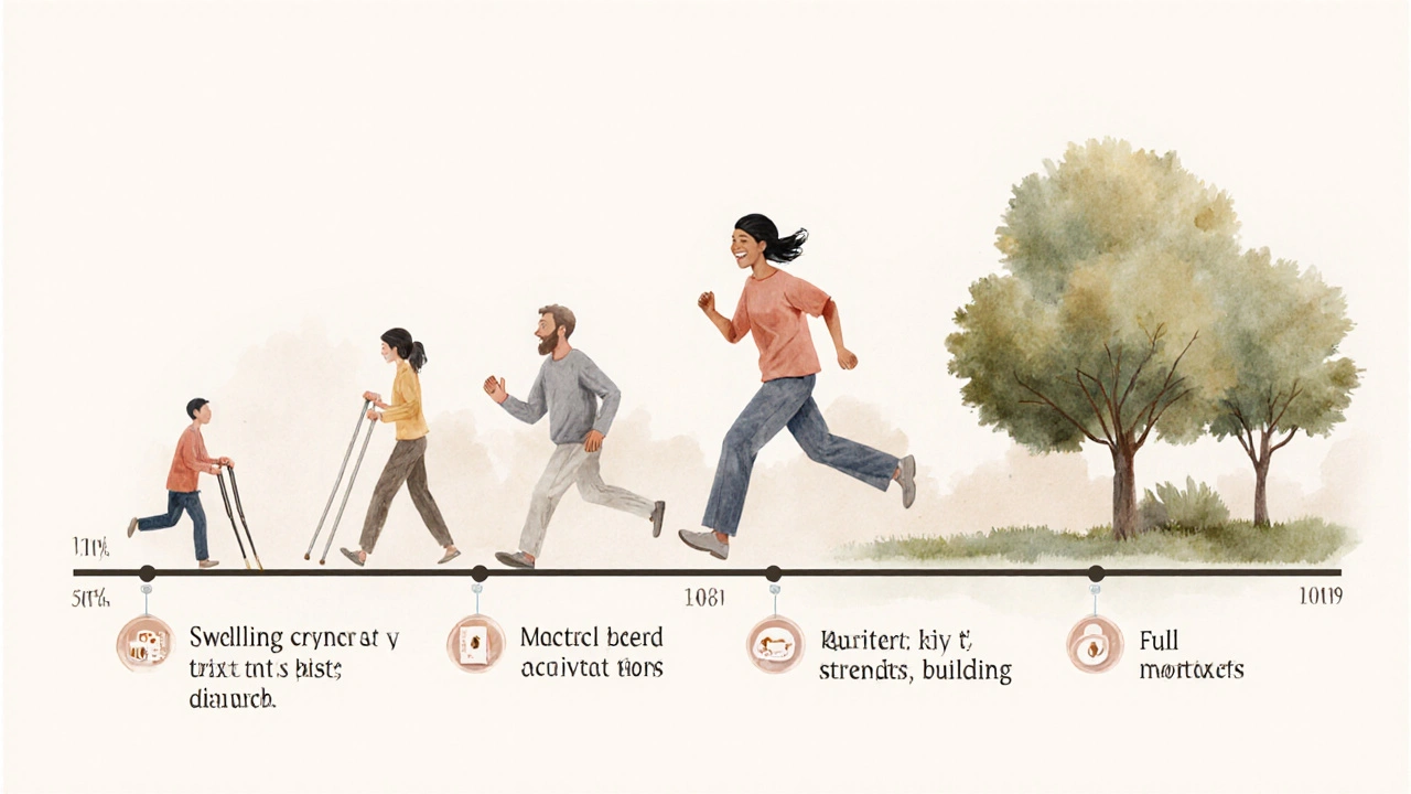 Ilustrace průběhu rehabilitace od operace k plné pohyblivosti.