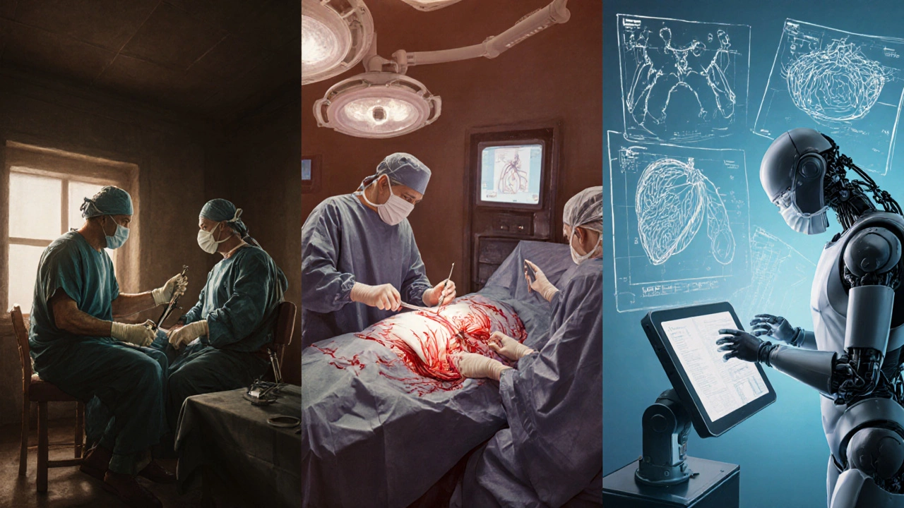 Ilustrace vývoje chirurgie od starověku přes 19. století po moderní robotické operace.