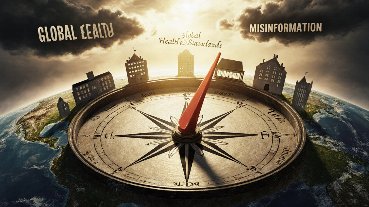 Kompas s jehlou ukazující na &#039;Globální zdravotní standardy&#039; v centru světa, kolem něj klidné kliniky a školy.