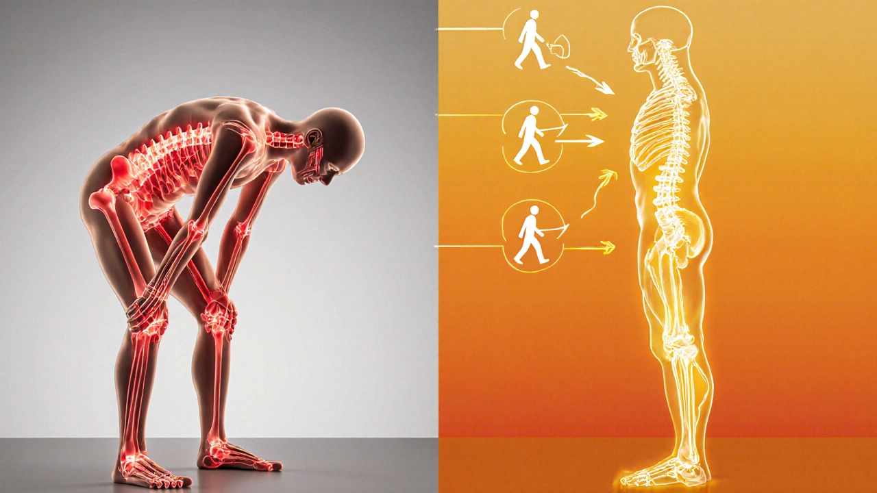 Koncepční obraz přeměny křivé páteře na rovnou a silnou pomocí pohybu a energie.