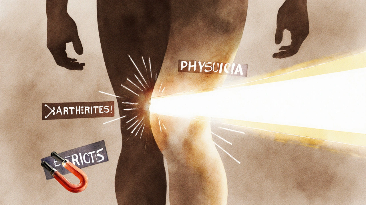 Konceptuální ilustrace kloubu s magnety a světlem léčebných metod.
