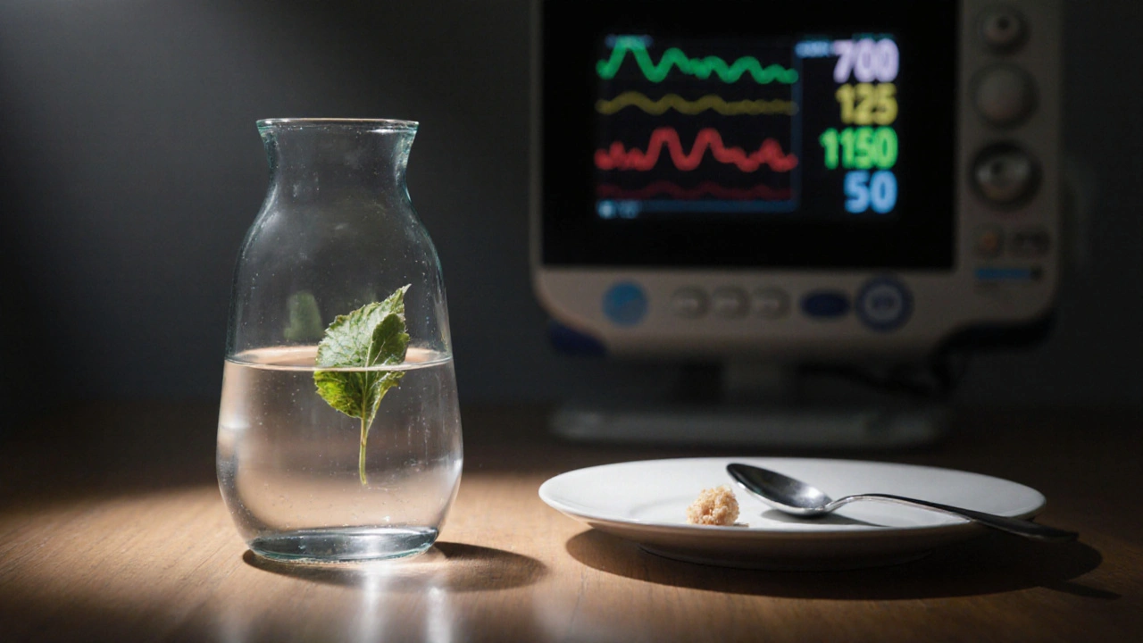 Křehká váza s vodou a jediným listem, vedle ní převrácená lžíce a kousek jídla.