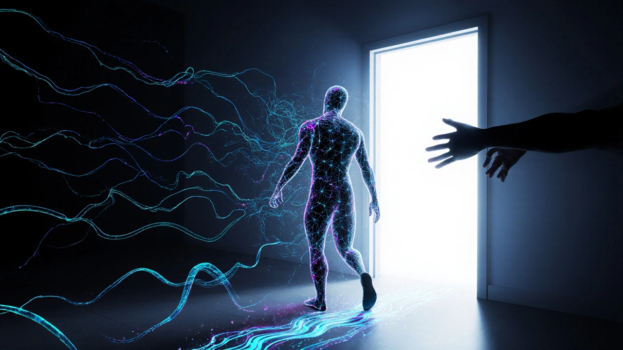 Kresba lidské postavy přecházející z temnoty bolesti do světla pohybu a naděje.