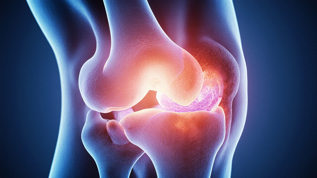 Křížový řez kolenního kloubu s příznaky zánětu a infekce.