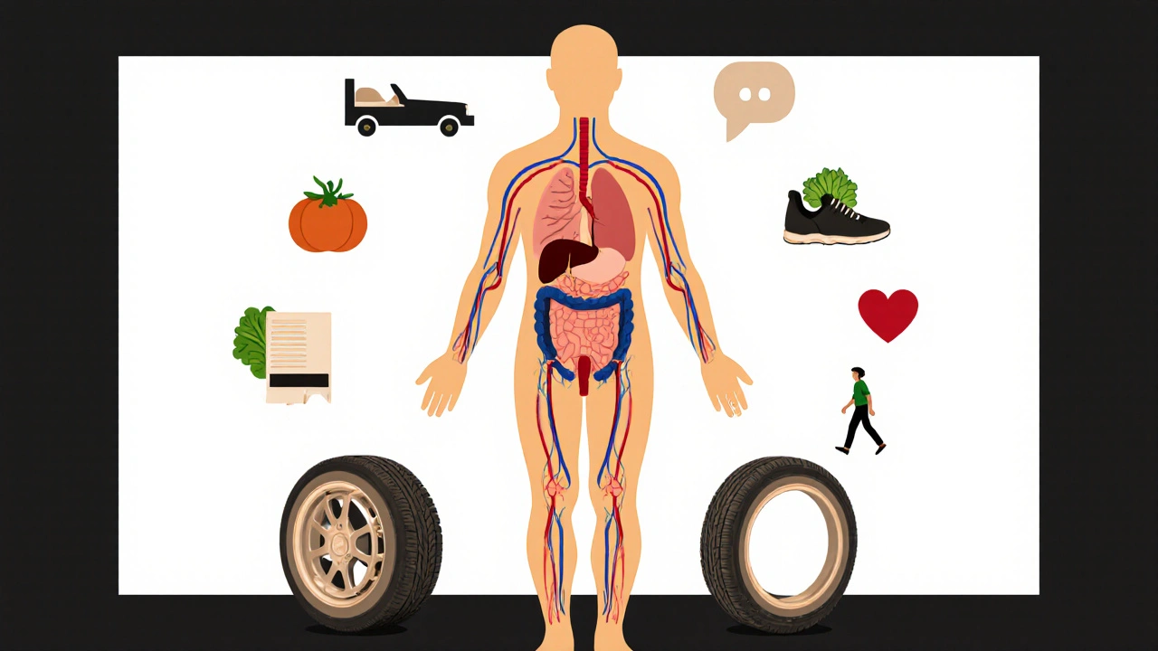 Lidské tělo jako auta s funkčními částmi, symbolizující prevenci a péči o zdraví.