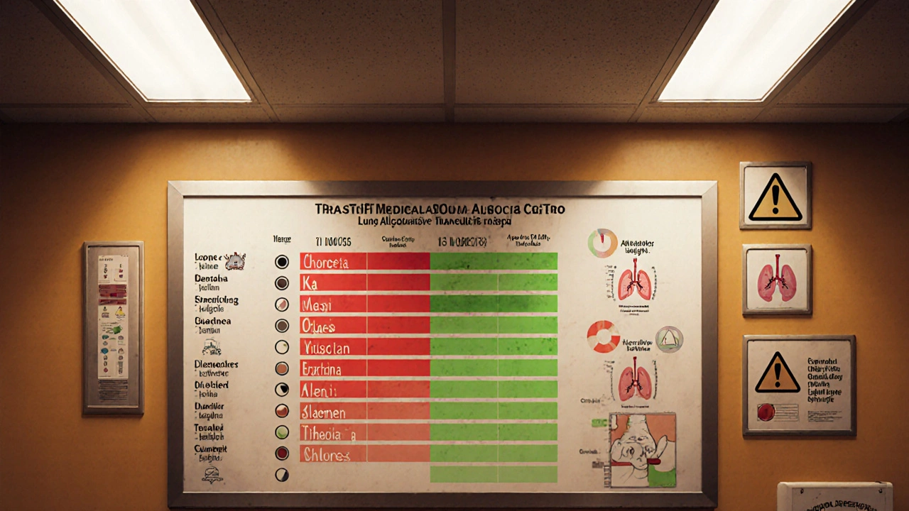 Medicínská tabule s seznamem pacientů podle skóre pro transplantaci plic, označených barvami a kompatibilními faktory.