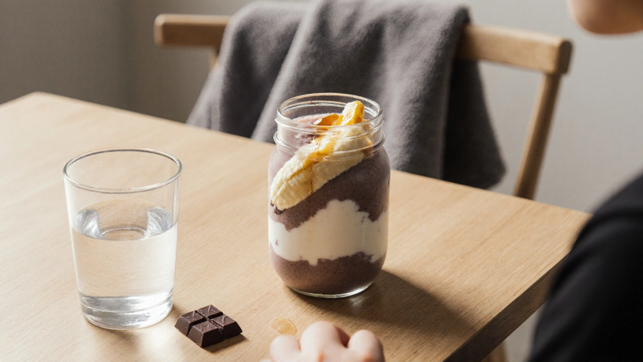 Obnova po tréninku: smoothie s banánem a jogurtem na stole.