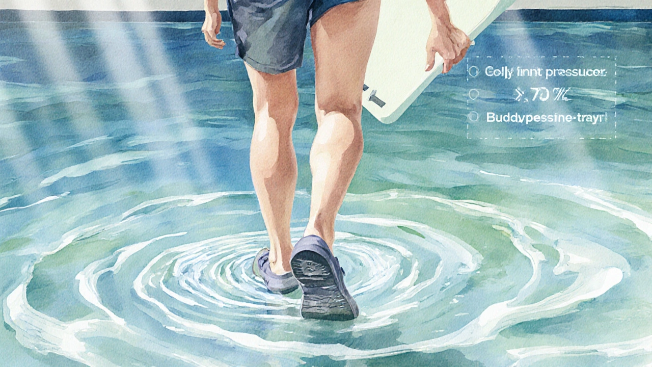 Osoba chodí ve vodě s plavacím prkem, voda jemně vlní, kloub není zatížen.