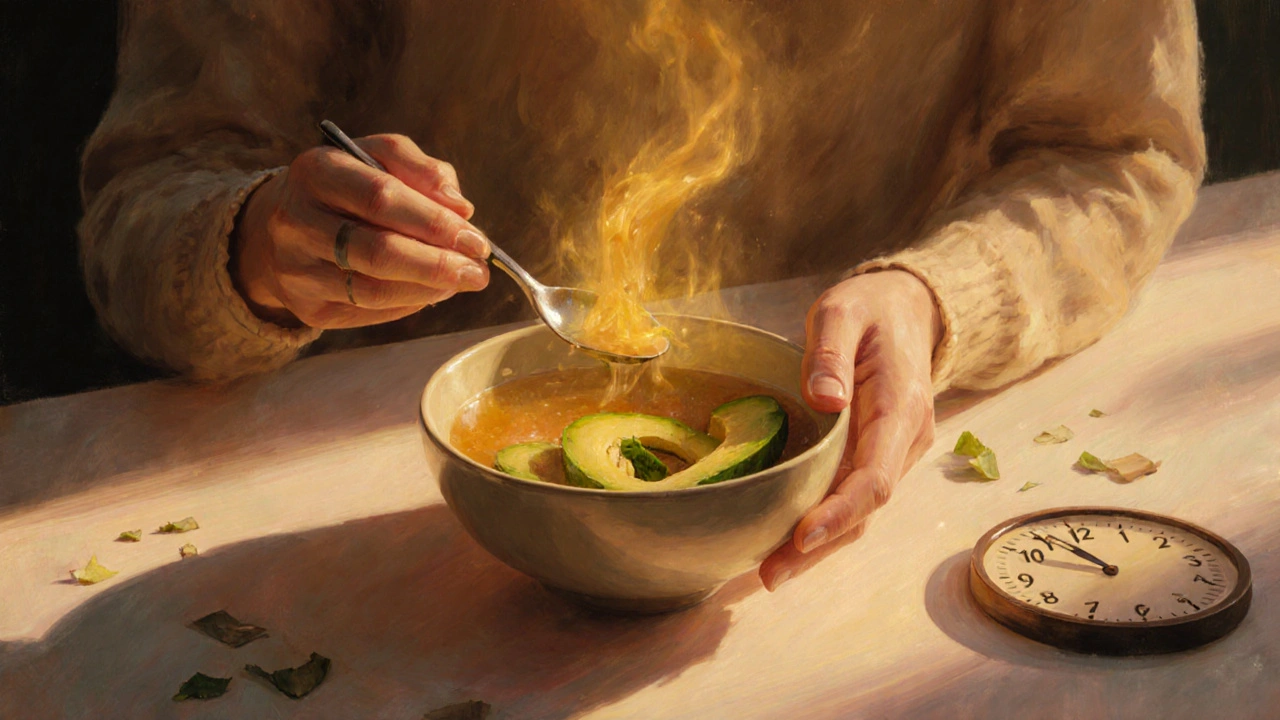 Osoba jí lehké jídlo na západu slunce, symbolizující opatrné vrácení k jídlu.