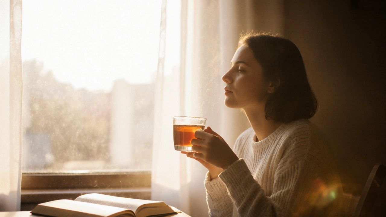 Osoba sedí u okna v tiché místnosti, sluneční světlo proniká dovnitř, pije čaj.